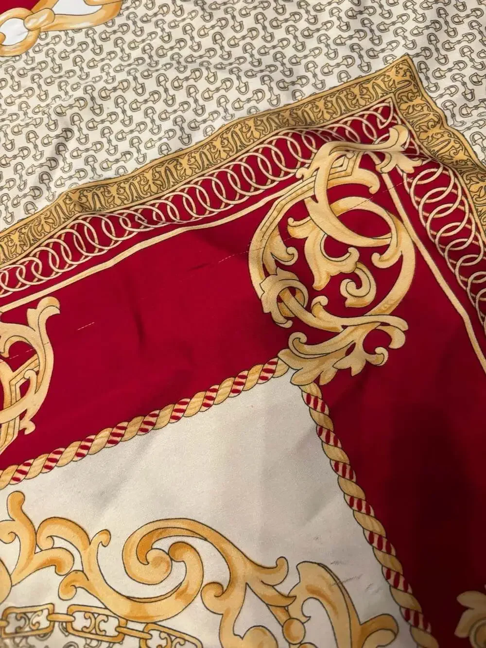 Vintage Luxury Style Square Silk Scarf Gold Chain Equestrian Motif